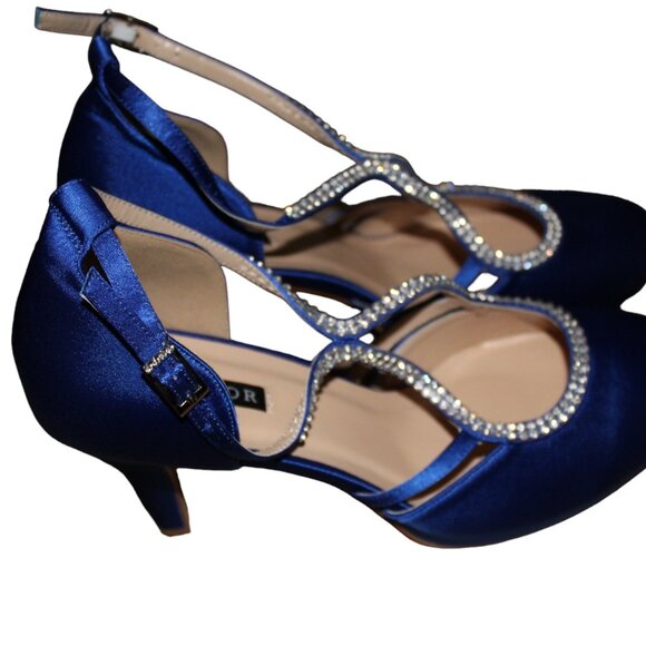 ERIJUNOR Comfort Low Heel Closed-Toe Ankle Strap Blue Satin Rhinestones 8, NIB - Picture 10 of 14